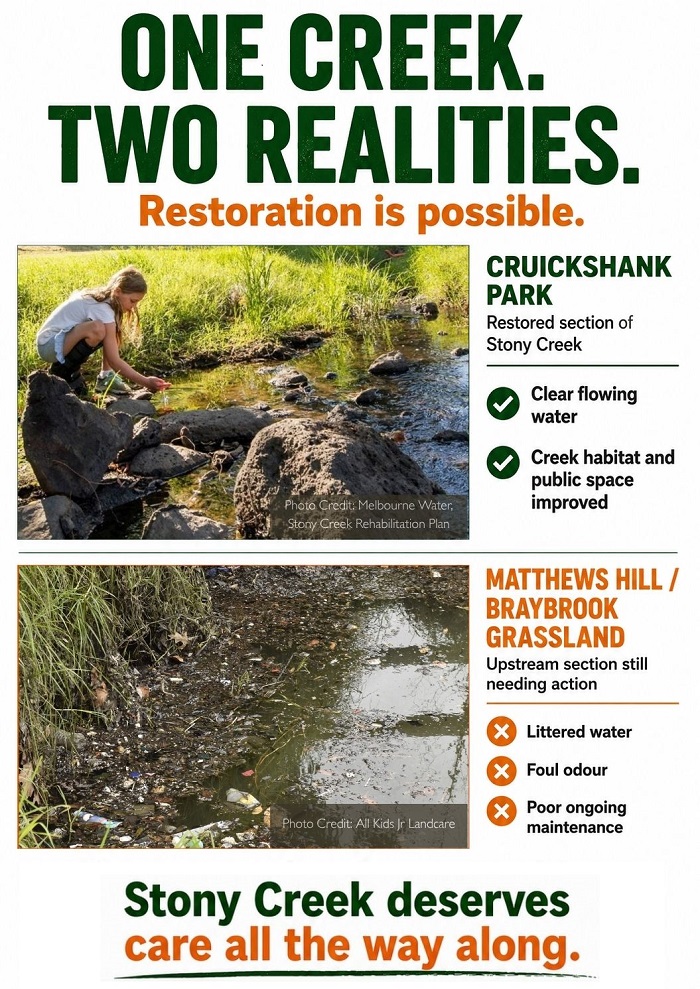 Petition poster comparing Stony Creek at Cruickshank Park with the section near Matthews Hill and Braybrook Grassland
